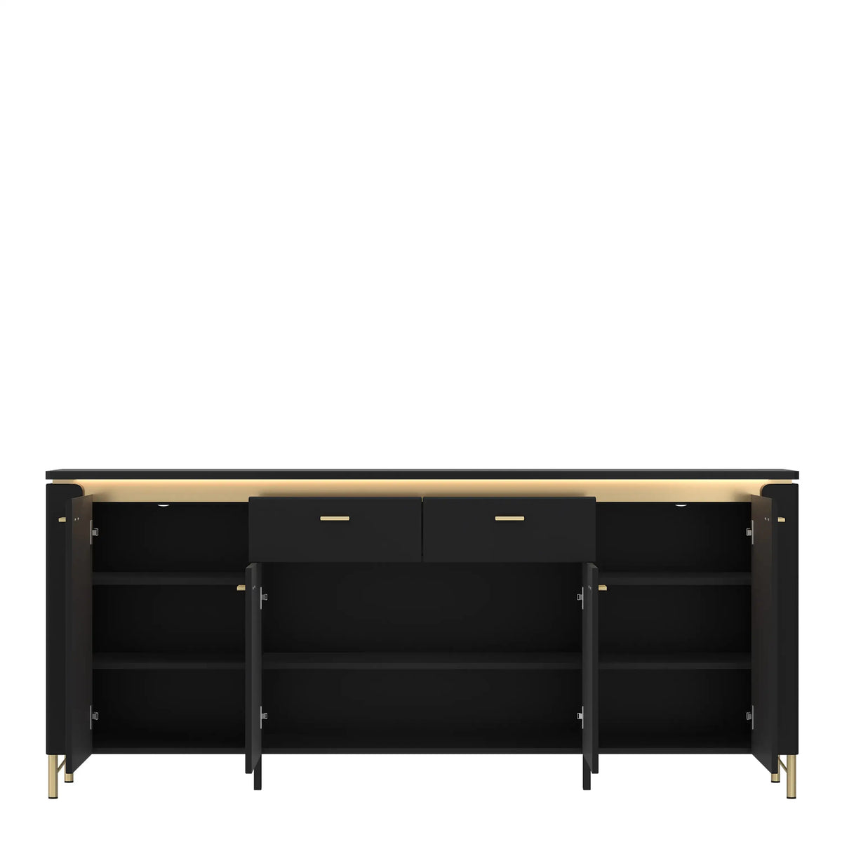A modern black sideboard with a light wood top, gold slim legs, gold hardware, two central drawers and four open lower shelves, shown with its doors open against a plain white background.