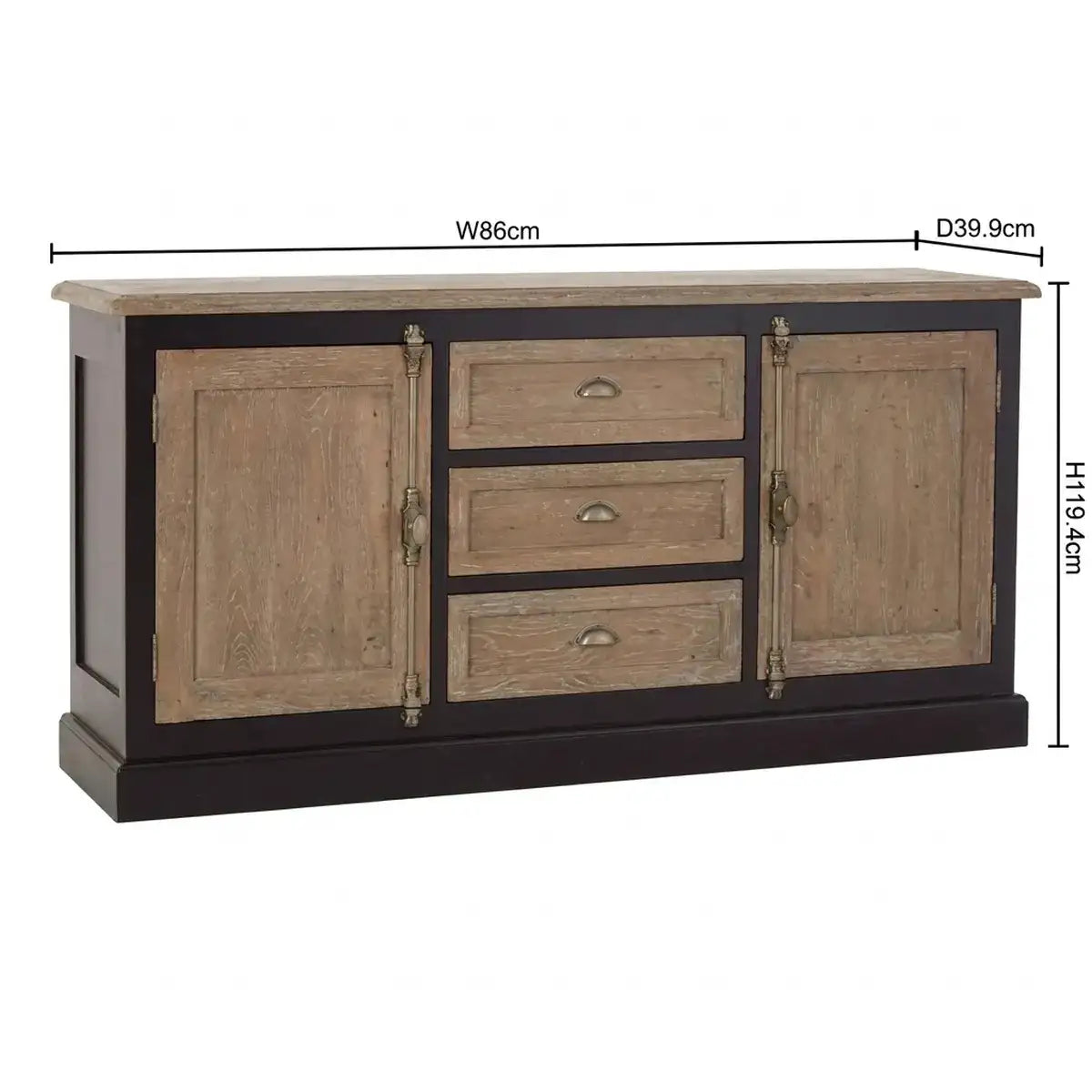 A rustic sideboard cabinet with a dark brown base, weathered light brown wood doors and drawers, and brass-style hardware, shown with dimension lines indicating width (W86cm) and depth (D39.9cm).