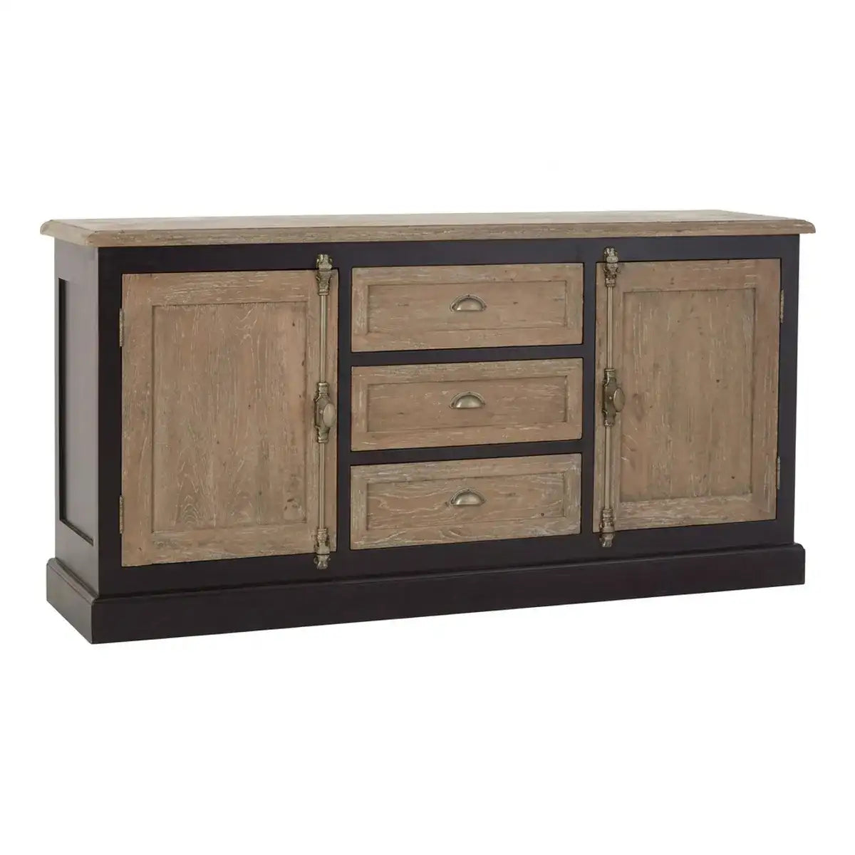 A rustic sideboard cabinet with a dark brown frame, weathered light brown wood doors and drawers, and brass-style hardware, shown on a plain white background. Main image