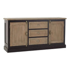 A rustic sideboard cabinet with a dark brown frame, weathered light brown wood doors and drawers, and brass-style hardware, shown on a plain white background.