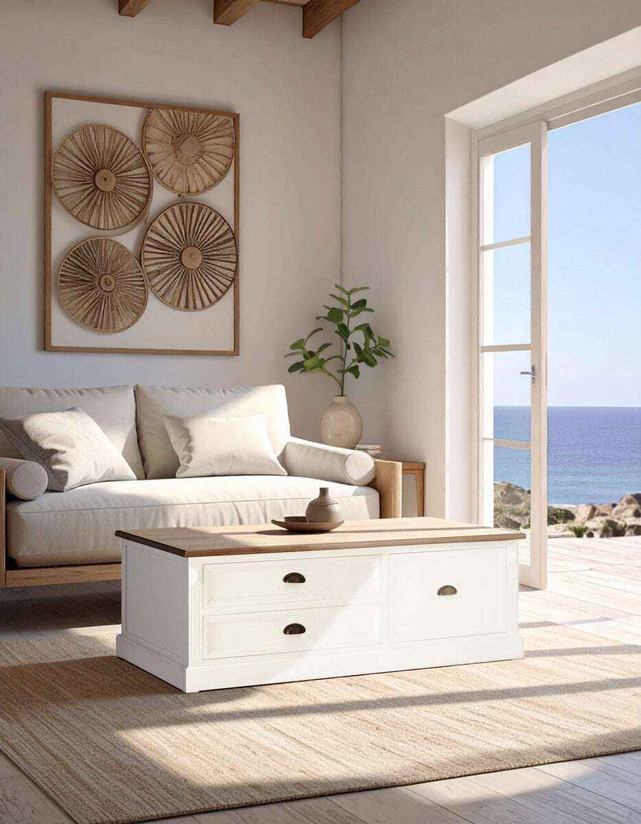 Fir Wood Veneer Top and White Wooden Coffee Table with 3 Drawers | Hardwick