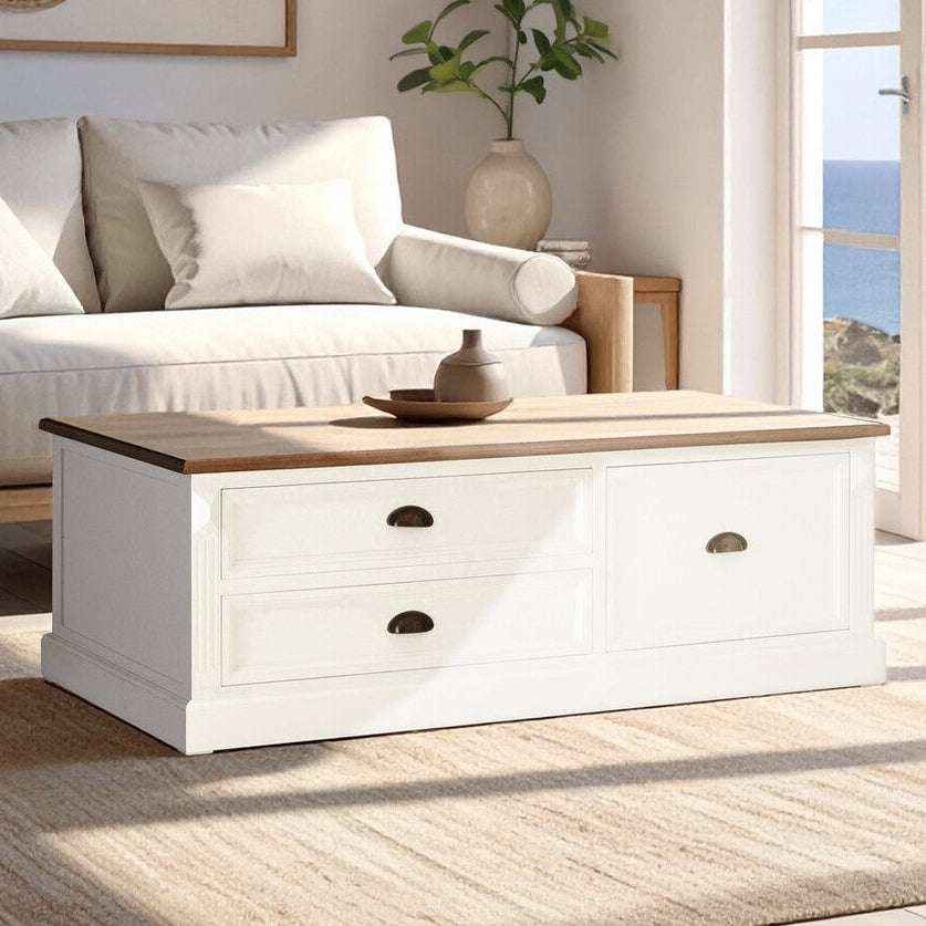 Fir Wood Veneer Top and White Wooden Coffee Table with 3 Drawers | Hardwick