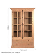 Wooden cabinet with glass doors and drawers, shown with dimensions on a white background