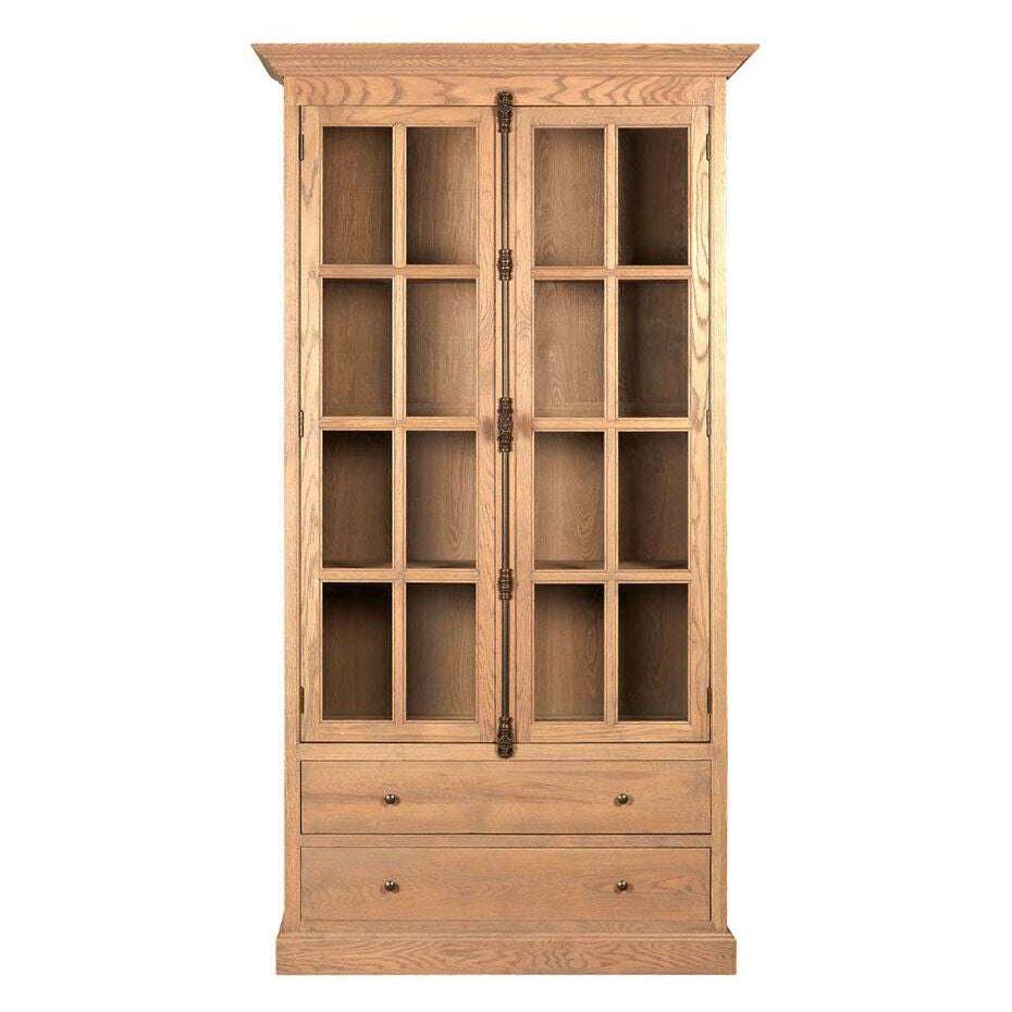 A tall wooden bookcase cabinet with two glass-paneled doors and two lower drawers, shown against a plain white background. Main image