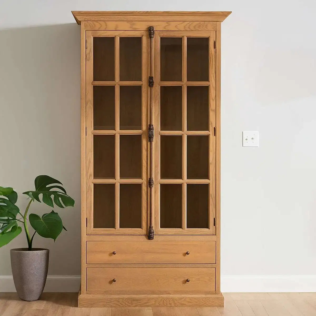 A wooden cabinet with medium brown wood grain, paneled side panel, and glass-front upper doors against a cream wall and pot plant.