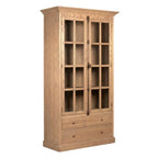 A tall wooden cabinet with two glass-paneled doors and two drawers below, shown on a plain white background.