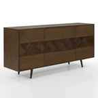 A mid-century modern wooden sideboard with six drawers, featuring a herringbone wood inlay pattern across the center. 