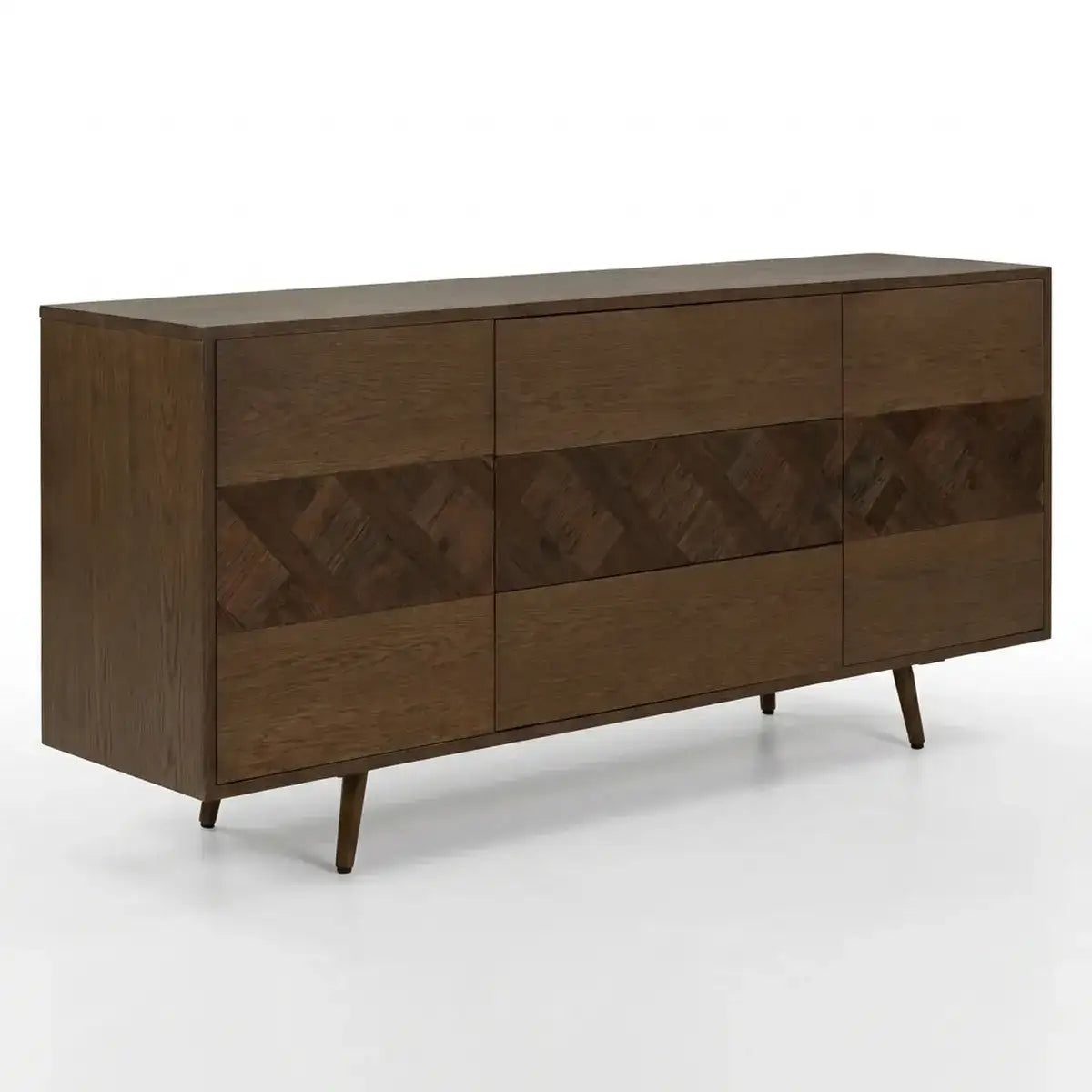 A mid-century modern wooden sideboard with six drawers, featuring a herringbone wood inlay pattern across the center. 