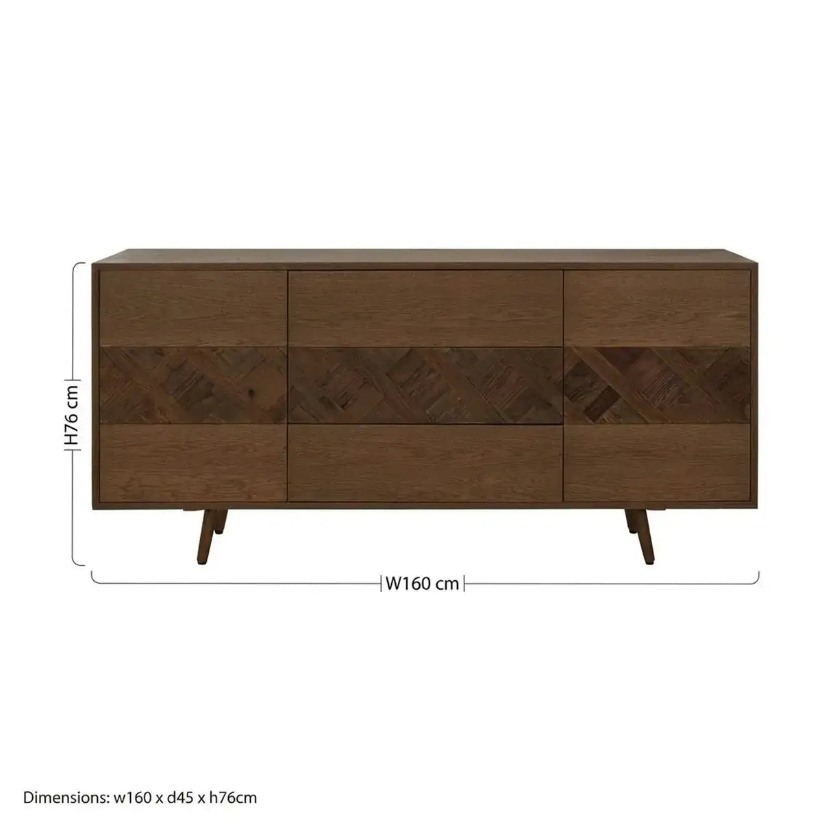 A mid-century modern wooden sideboard with six drawers, featuring a herringbone wood inlay pattern across the center. The sideboard is shown with dimension lines indicating a width of 160 cm and a height of 76 cm.