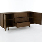 Mid-century modern wooden sideboard with three drawers, open shelving, and open cabinet doors, shown on a white studio background.