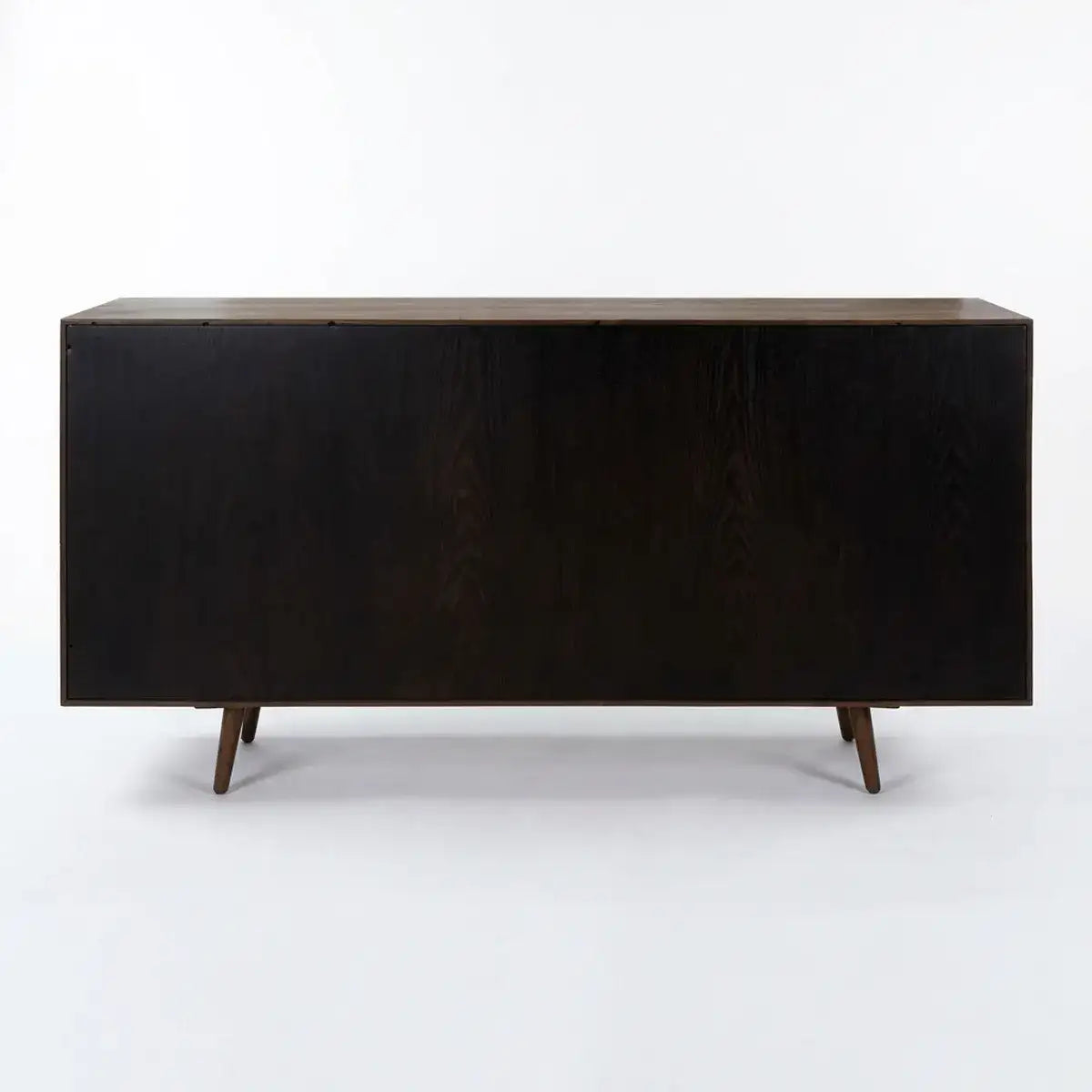 A mid-century modern sideboard or credenza in dark stained wood, featuring a rectangular body, tapered legs, and a light wood top, photographed against a plain white studio background.