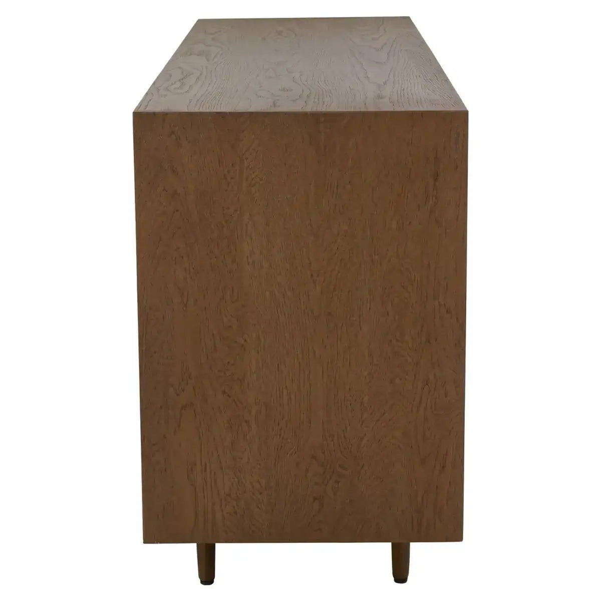 A mid-century modern wooden sideboard or cabinet with a warm brown wood grain finish and tapered legs, shown from a front-three-quarters angle on a white background.