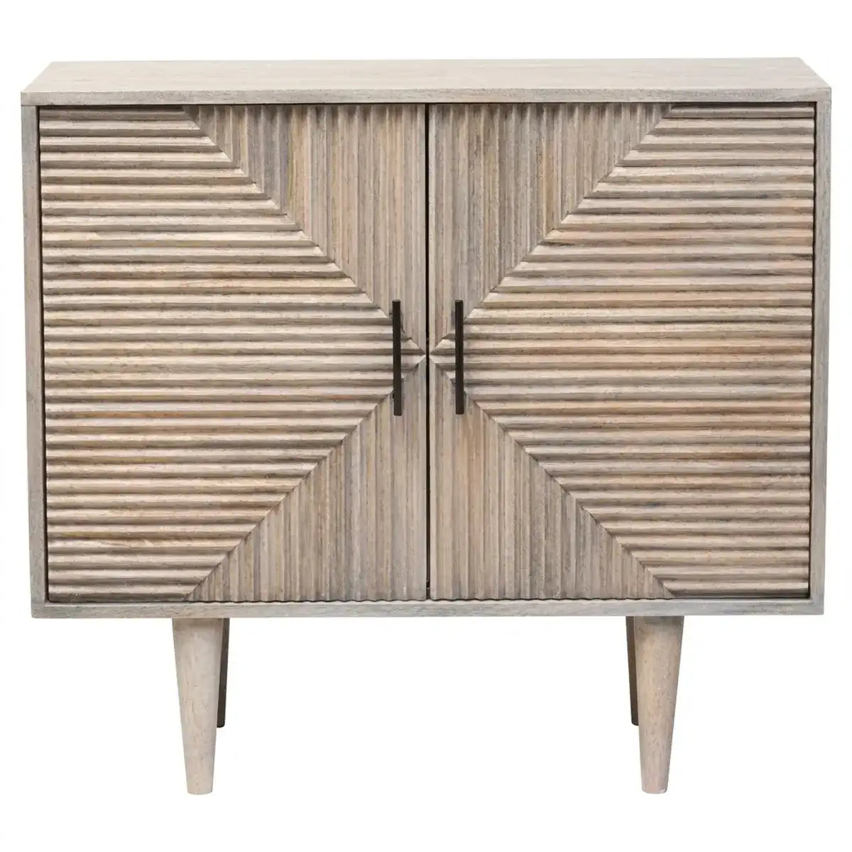 A mid-century modern sideboard cabinet with two doors featuring a chevron pattern made of horizontal wood slats, finished in a weathered light gray-brown tone with tapered wooden legs and black metal handles. Main image