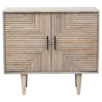 A mid-century modern sideboard cabinet with two doors featuring a chevron pattern made of horizontal wood slats, finished in a weathered light gray-brown tone with tapered wooden legs and black metal handles.