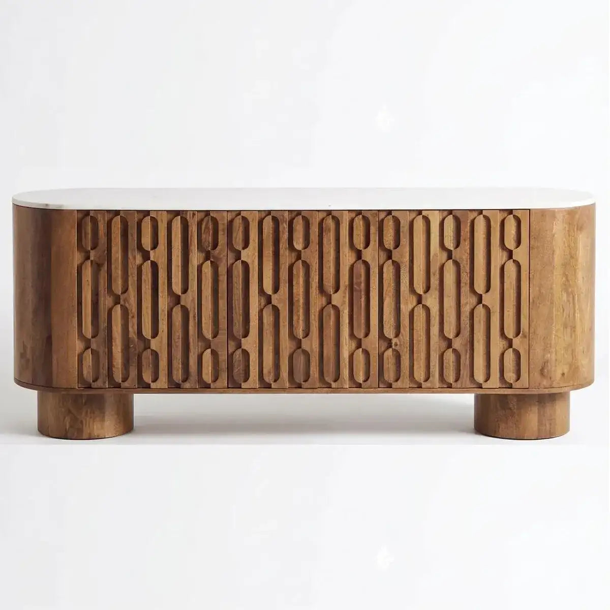 Wooden console table with decorative elements in a room setting