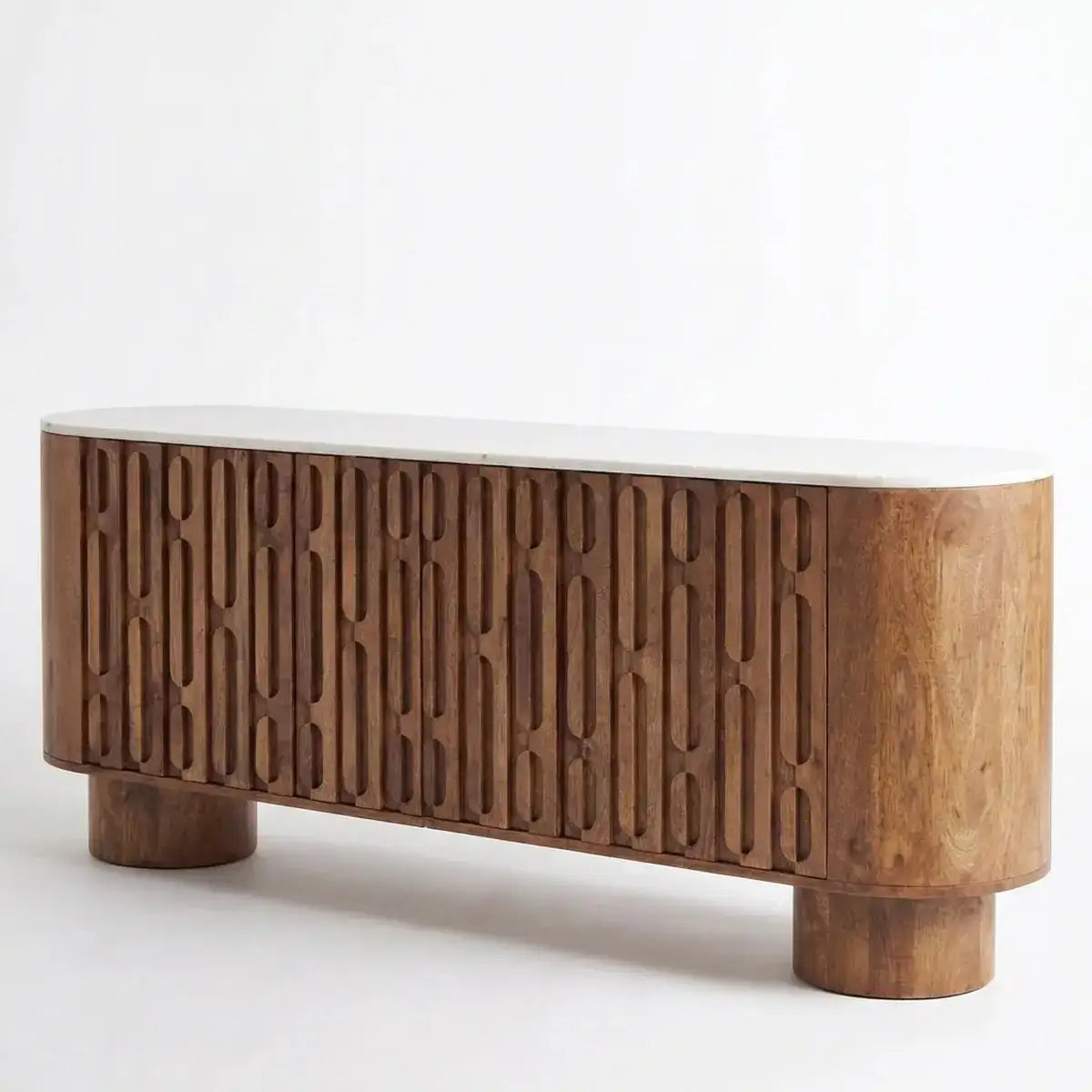Wooden console table with decorative elements in a room setting