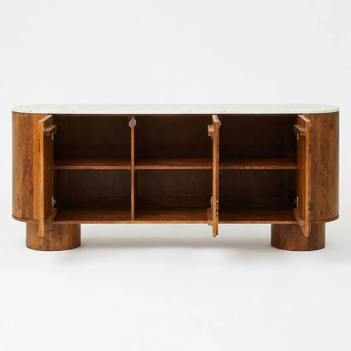 Wooden console table with decorative elements three interior shelves, and a light-colored stone top, shown against a plain white background.