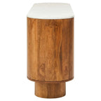 A modern cylindrical side table featuring a warm brown wood grain body and a contrasting white stone top, shown against a plain white background.