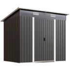 Metal storage shed with a gray exterior and white trim on a white background