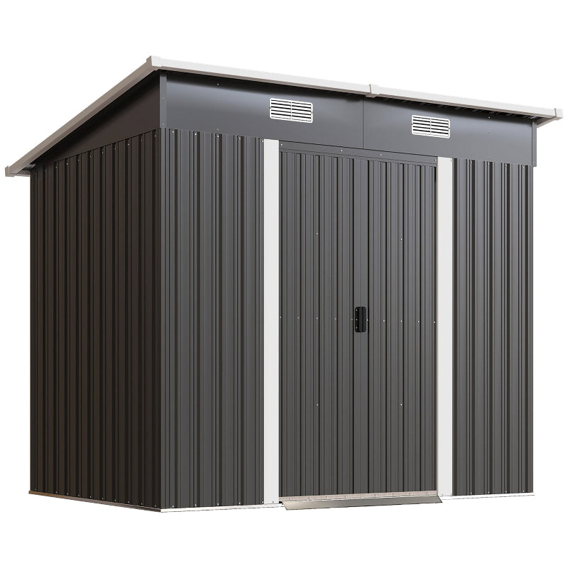 Metal storage shed with a gray exterior and white trim on a white background