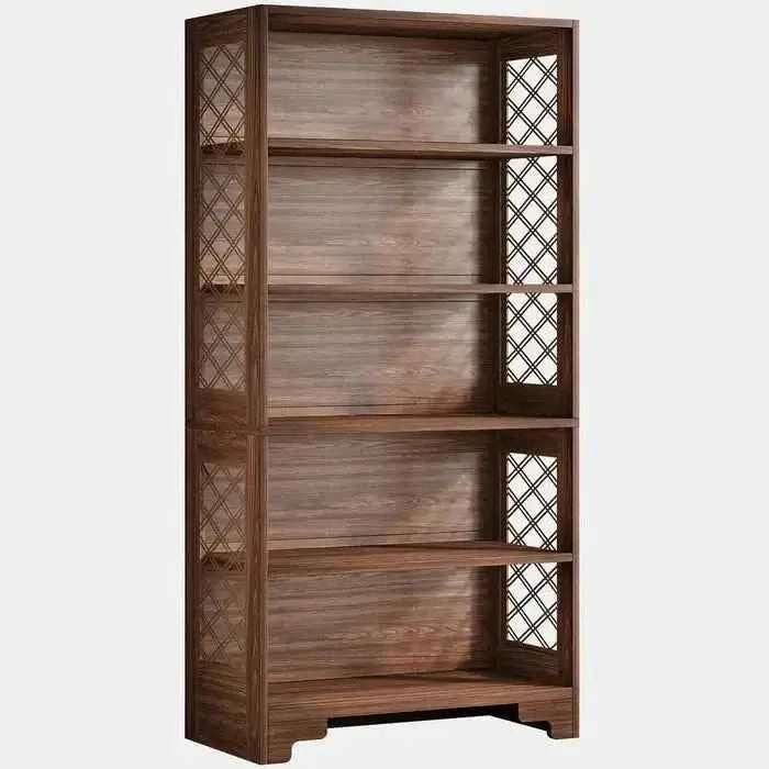 Classic 5-Tier Walnut Bookshelf - Traditional Library Display with Lattice Side Panels Main image