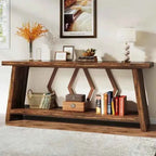 180cm Rustic Walnut Console Table - Entryway & Sofa Table with Geometric Accents