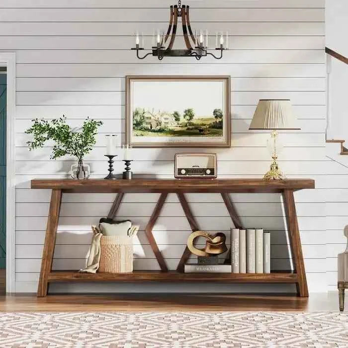 180cm Rustic Walnut Console Table - Entryway & Sofa Table with Geometric Accents