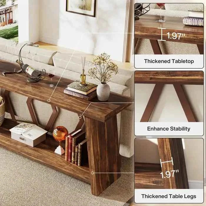 180cm Rustic Walnut Console Table - Entryway & Sofa Table with Geometric Accents