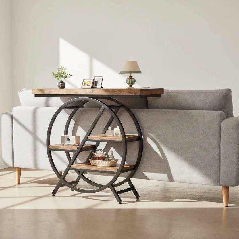 4-Tier Console Table, 100cm Entryway Table with Geometric Metal Frame