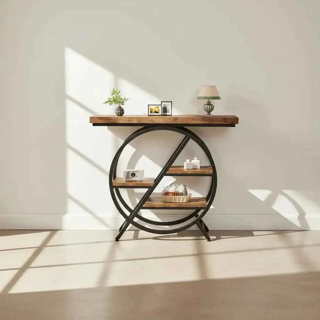 4-Tier Console Table, 100cm Entryway Table with Geometric Metal Frame