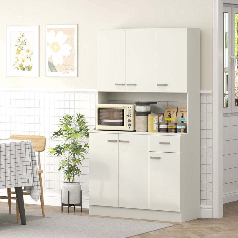 White kitchen cabinet with microwave and items in a bright room