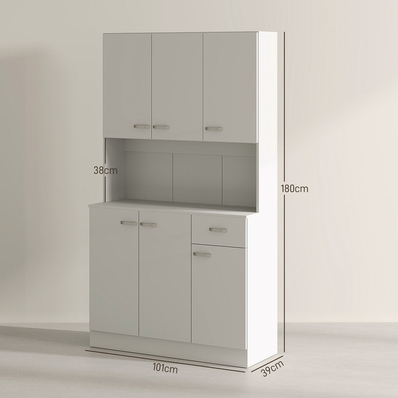 Gray kitchen cabinet with dimensions indicated on a white background