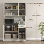 White kitchen storage cabinet with labeled features on a neutral background