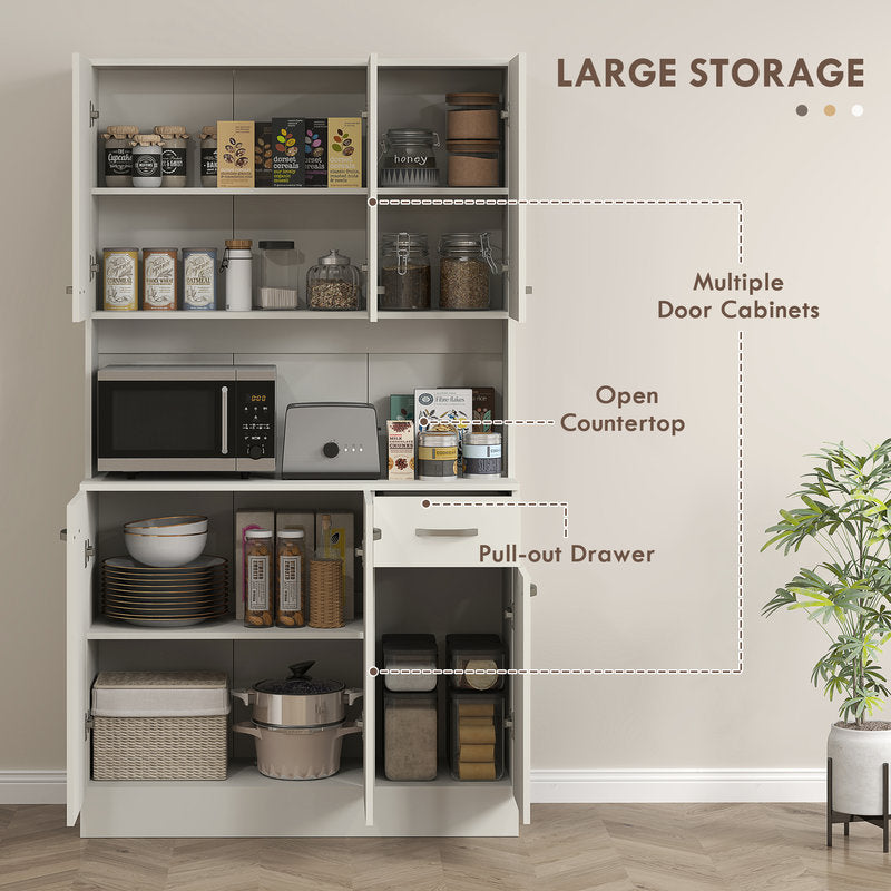 White kitchen storage cabinet with labeled features on a neutral background