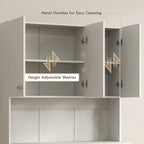 Open cabinet with height adjustable shelves and metal handles on a neutral background