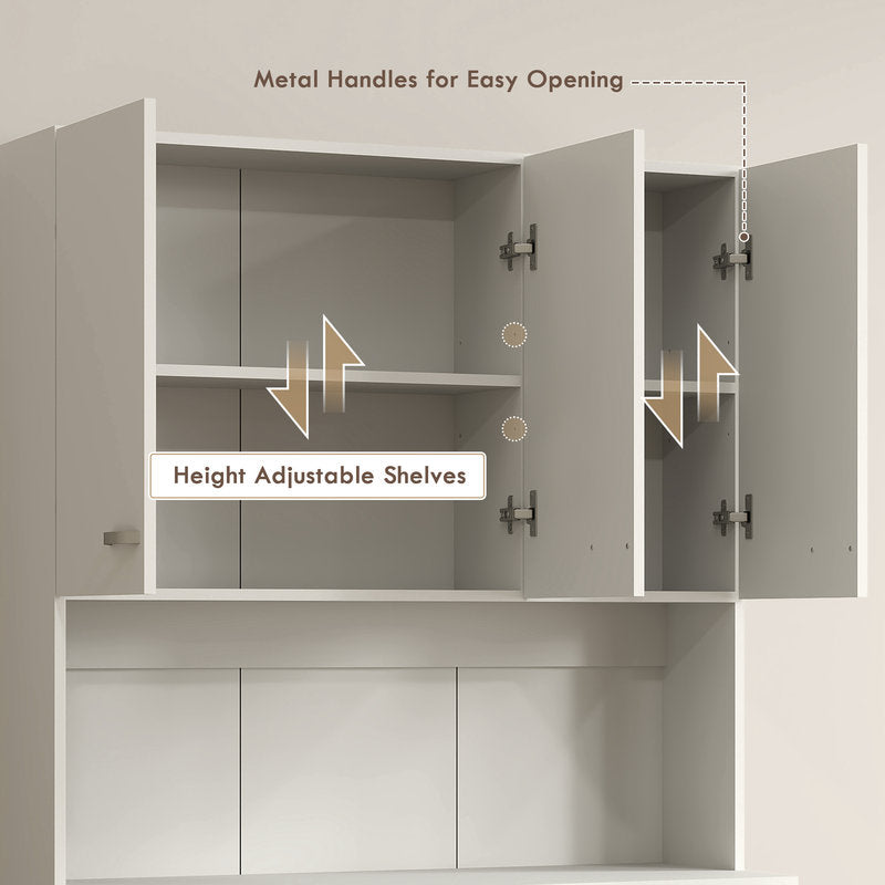 Open cabinet with height adjustable shelves and metal handles on a neutral background