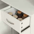 Open white drawer with jars containing wooden lids on a light gray background