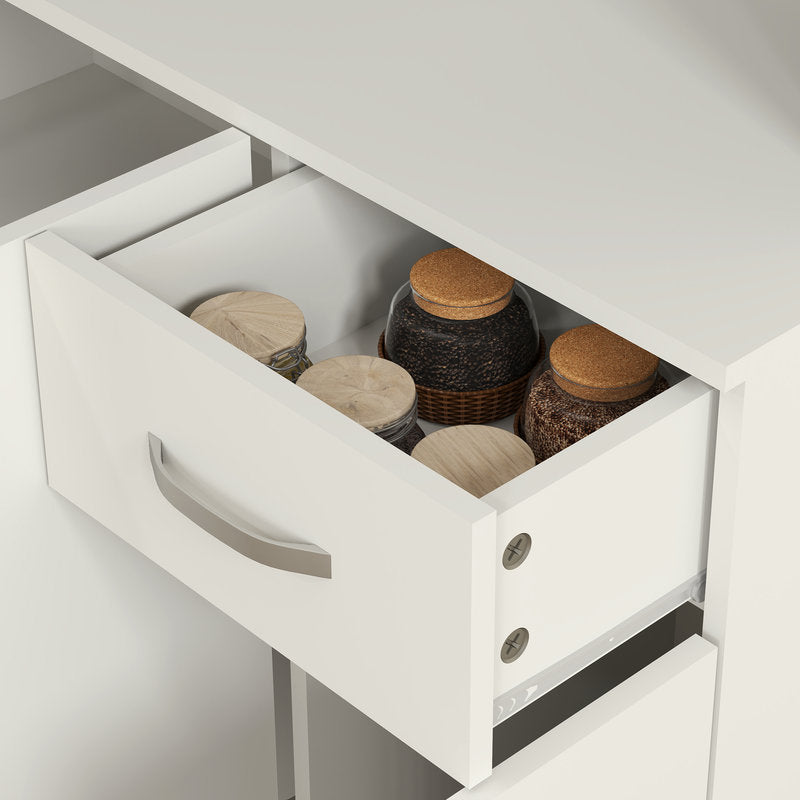 Open white drawer with jars containing wooden lids on a light gray background