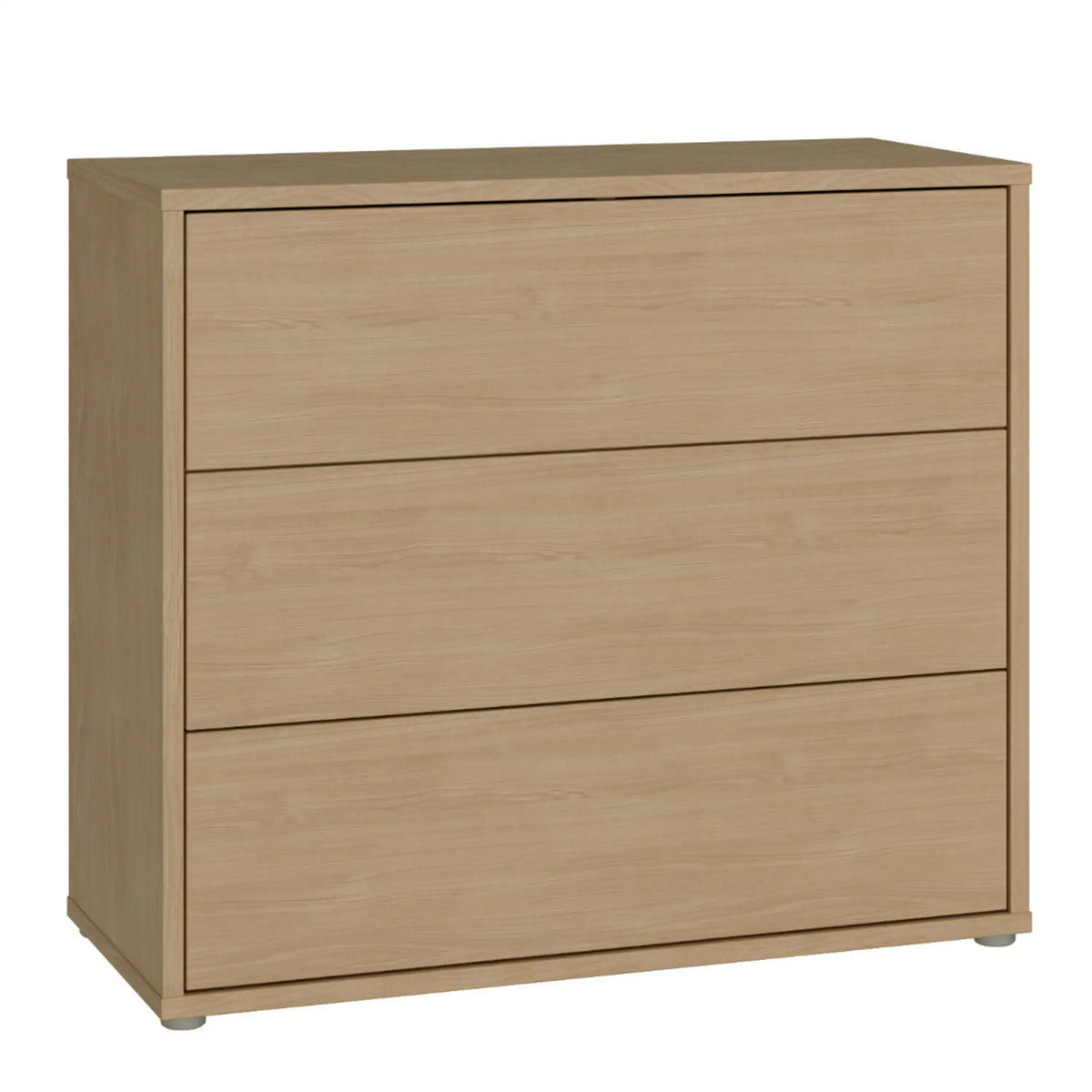 Beige three-drawer dresser on a white background