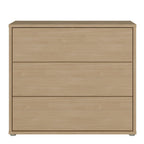 A three-drawer chest of drawers in a light oak wood finish, shown from a straight-on perspective against a plain white background.