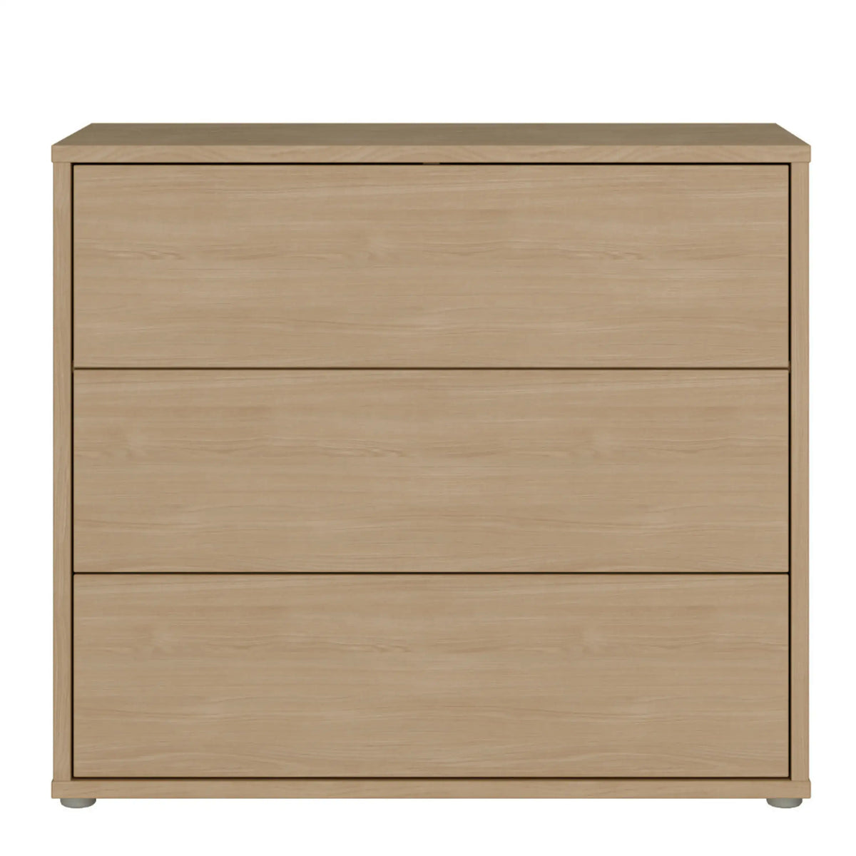 A three-drawer chest of drawers in a light oak wood finish, shown from a straight-on perspective against a plain white background.