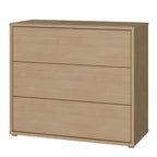 Beige three-drawer dresser on a white background