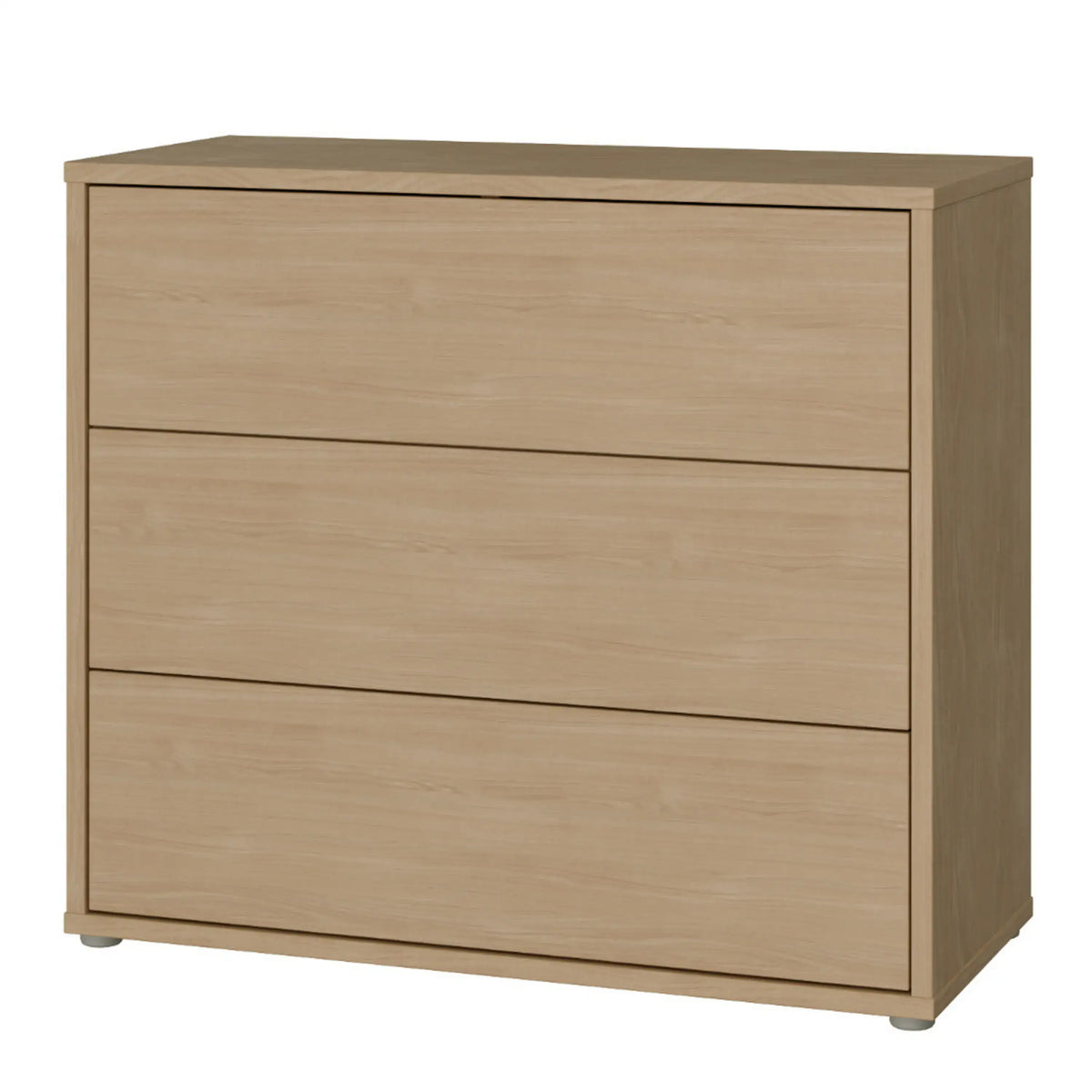 Beige three-drawer dresser on a white background