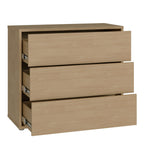 Beige dresser with three drawers on a white background