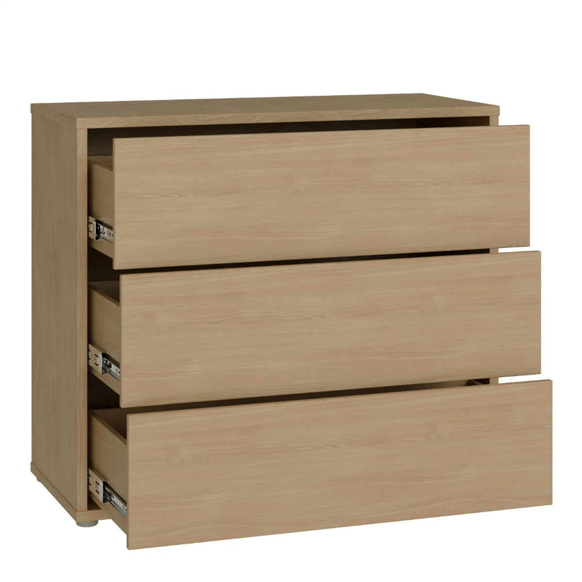 Beige dresser with three drawers on a white background