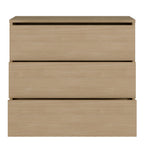 A three-drawer wooden chest of drawers in a light oak finish, shown from a front-facing perspective against a solid white background.