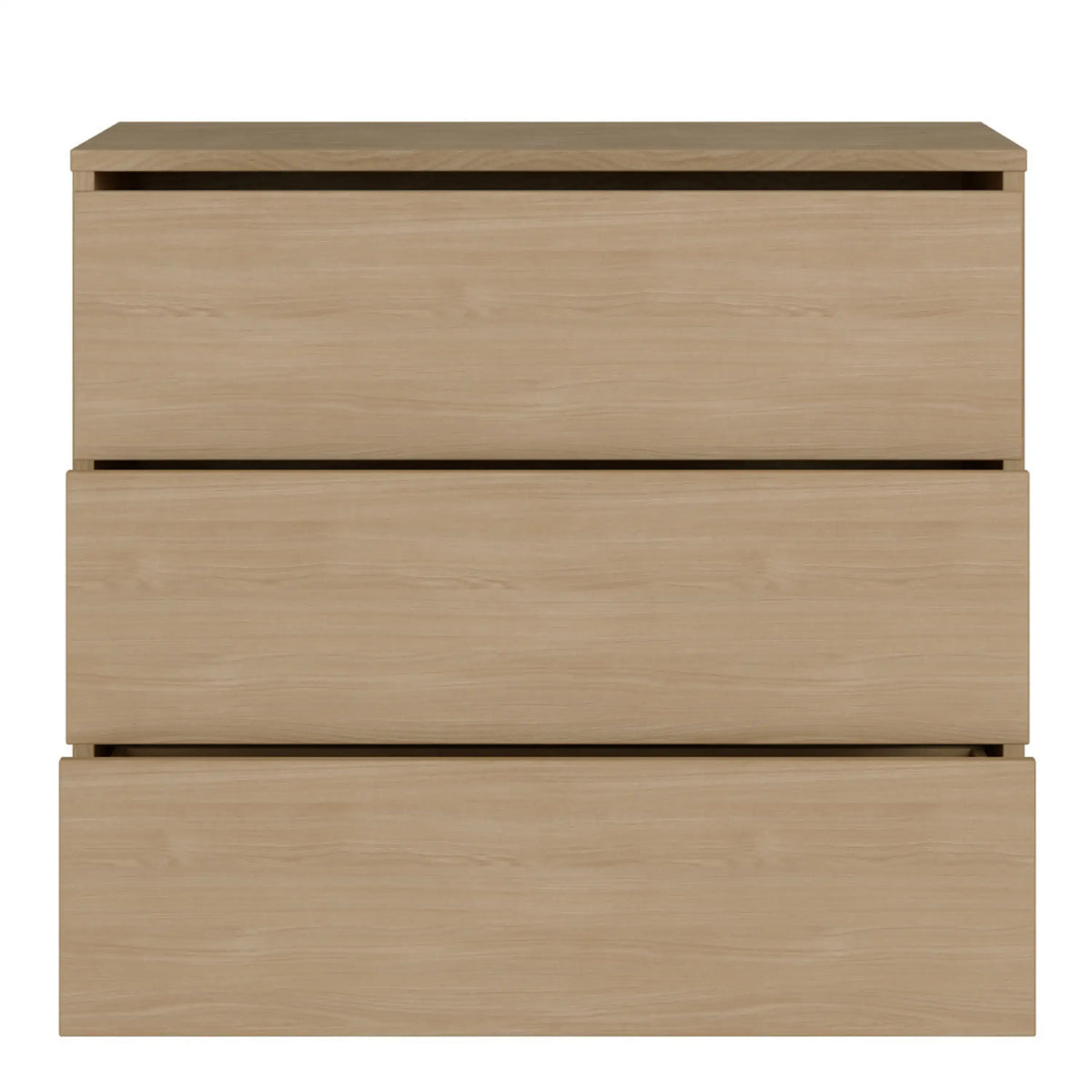 A three-drawer wooden chest of drawers in a light oak finish, shown from a front-facing perspective against a solid white background.