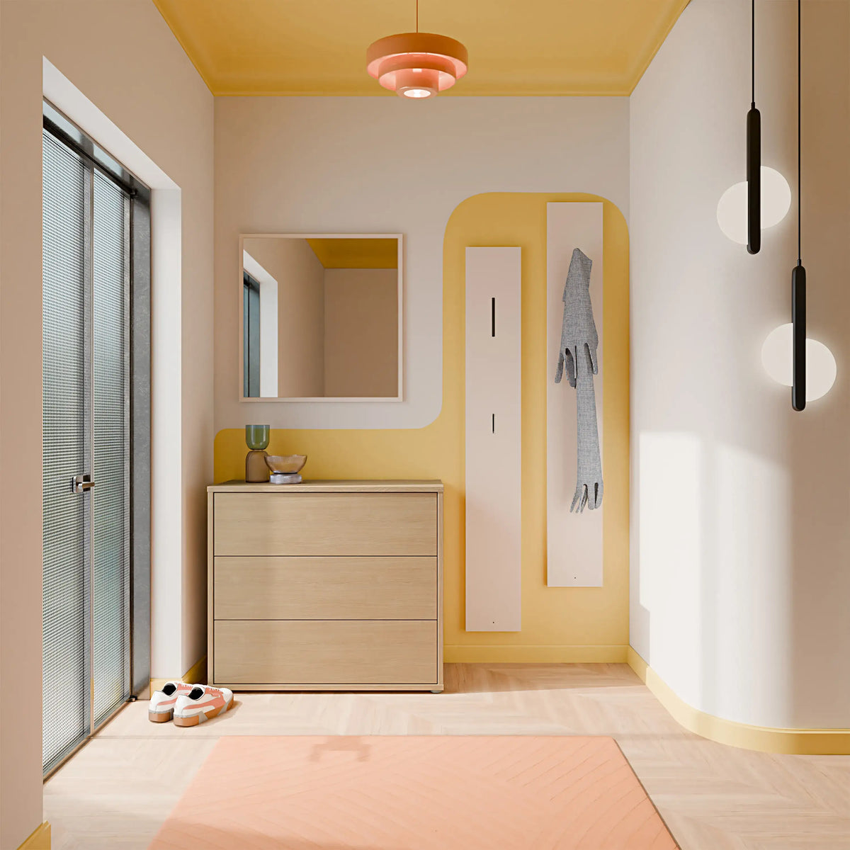 Modern bedroom with yellow accent wall, dresser, mirror, and hanging clothes.