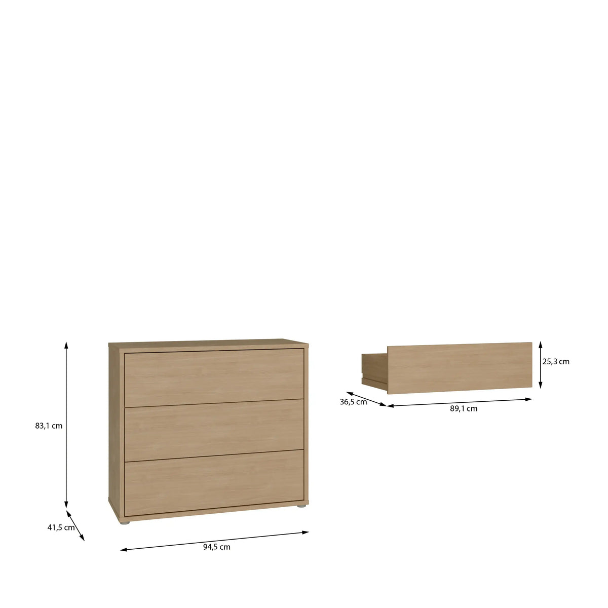 Wooden dresser with dimensions labeled on a white background