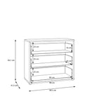 Dimensions of a bookshelf with measurements in centimeters